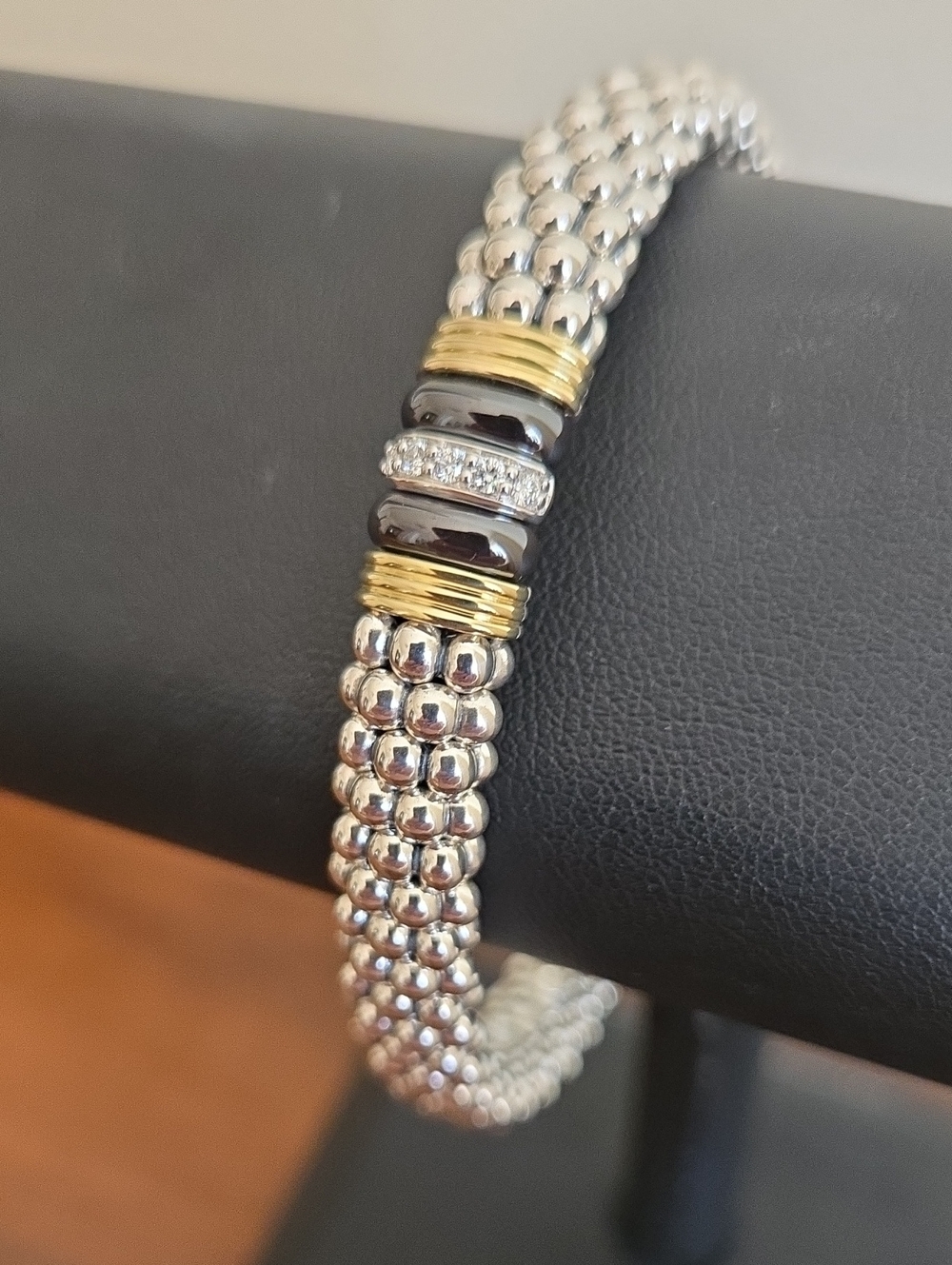 Lagos SS 18k, Black Ceramic & Diamond Caviar Beaded Bracelet Size 8